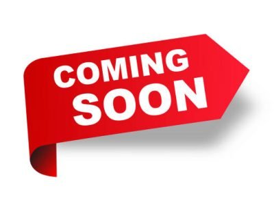 Coming soon red ribbon label banner. Open available now sign or coming soon tag. Vector illustration.